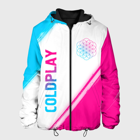 Мужская куртка 3D с принтом Coldplay neon gradient style: надпись, символ , ткань верха — 100% полиэстер, подклад — флис | прямой крой, подол и капюшон оформлены резинкой с фиксаторами, два кармана без застежек по бокам, один большой потайной карман на груди. Карман на груди застегивается на липучку | 