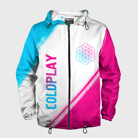 Мужская ветровка 3D с принтом Coldplay neon gradient style: надпись, символ в Кировске, 100% полиэстер | подол и капюшон оформлены резинкой с фиксаторами, два кармана без застежек по бокам, один потайной карман на груди | 