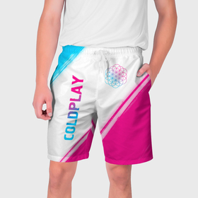 Мужские шорты 3D с принтом Coldplay neon gradient style: надпись, символ ,  полиэстер 100% | прямой крой, два кармана без застежек по бокам. Мягкая трикотажная резинка на поясе, внутри которой широкие завязки. Длина чуть выше колен | 