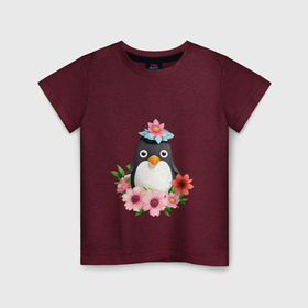 Детская футболка хлопок с принтом Пингвин с цветочками в Курске, 100% хлопок | круглый вырез горловины, полуприлегающий силуэт, длина до линии бедер | 