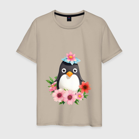 Мужская футболка хлопок с принтом Пингвин с цветочками в Белгороде, 100% хлопок | прямой крой, круглый вырез горловины, длина до линии бедер, слегка спущенное плечо. | 