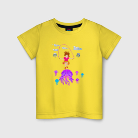 Детская футболка хлопок с принтом Девочка прыгающая со скакалкой среди неба и медуз , 100% хлопок | круглый вырез горловины, полуприлегающий силуэт, длина до линии бедер | 