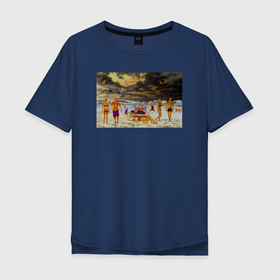 Мужская футболка хлопок Oversize с принтом Люди призраки прошлого на пляже в Петрозаводске, 100% хлопок | свободный крой, круглый ворот, “спинка” длиннее передней части | 