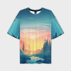 Мужская футболка oversize 3D с принтом Лесной пейзаж с речкой и горами в Белгороде,  |  | Тематика изображения на принте: 