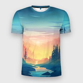 Мужская футболка 3D Slim с принтом Лесной пейзаж с речкой и горами в Санкт-Петербурге, 100% полиэстер с улучшенными характеристиками | приталенный силуэт, круглая горловина, широкие плечи, сужается к линии бедра | Тематика изображения на принте: 