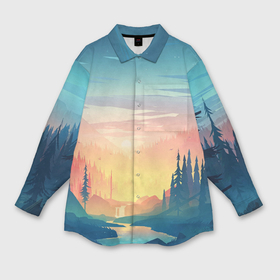 Мужская рубашка oversize 3D с принтом Лесной пейзаж с речкой и горами в Санкт-Петербурге,  |  | Тематика изображения на принте: 