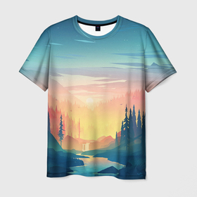 Мужская футболка 3D с принтом Лесной пейзаж с речкой и горами в Санкт-Петербурге, 100% полиэфир | прямой крой, круглый вырез горловины, длина до линии бедер | Тематика изображения на принте: 