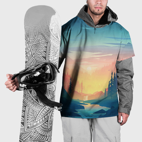 Накидка на куртку 3D с принтом Лесной пейзаж с речкой и горами , 100% полиэстер |  | Тематика изображения на принте: 