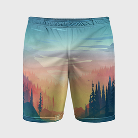 Мужские шорты спортивные с принтом Лесной пейзаж с речкой и горами ,  |  | Тематика изображения на принте: 