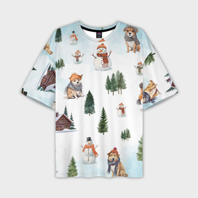 Мужская футболка oversize 3D с принтом Собачки, ёлочки и снеговички ,  |  | 