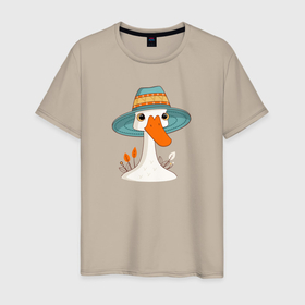 Мужская футболка хлопок с принтом Гусь в шляпе в Санкт-Петербурге, 100% хлопок | прямой крой, круглый вырез горловины, длина до линии бедер, слегка спущенное плечо. | 