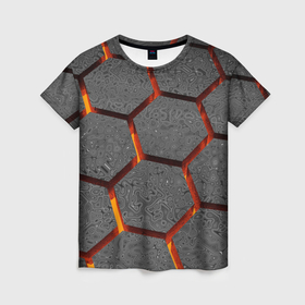Женская футболка 3D с принтом Металлические плиты и лава в Белгороде, 100% полиэфир ( синтетическое хлопкоподобное полотно) | прямой крой, круглый вырез горловины, длина до линии бедер | 