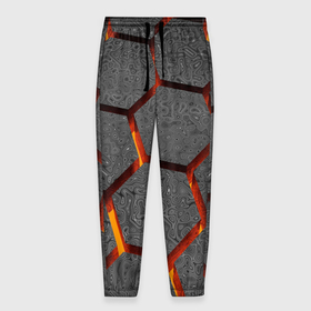 Мужские брюки 3D с принтом Металлические плиты и лава в Петрозаводске, 100% полиэстер | манжеты по низу, эластичный пояс регулируется шнурком, по бокам два кармана без застежек, внутренняя часть кармана из мелкой сетки | 