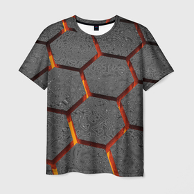 Мужская футболка 3D с принтом Металлические плиты и лава , 100% полиэфир | прямой крой, круглый вырез горловины, длина до линии бедер | 