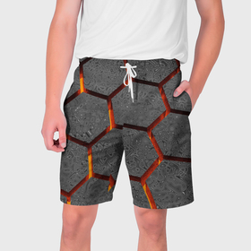 Мужские шорты 3D с принтом Металлические плиты и лава в Белгороде,  полиэстер 100% | прямой крой, два кармана без застежек по бокам. Мягкая трикотажная резинка на поясе, внутри которой широкие завязки. Длина чуть выше колен | 