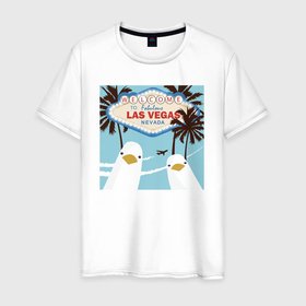 Мужская футболка хлопок с принтом чайки на курорте в Петрозаводске, 100% хлопок | прямой крой, круглый вырез горловины, длина до линии бедер, слегка спущенное плечо. | 