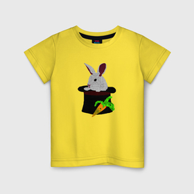 Детская футболка хлопок с принтом Кролик с морковкой в цилиндре в Новосибирске, 100% хлопок | круглый вырез горловины, полуприлегающий силуэт, длина до линии бедер | Тематика изображения на принте: 