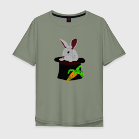 Мужская футболка хлопок Oversize с принтом Кролик с морковкой в цилиндре в Новосибирске, 100% хлопок | свободный крой, круглый ворот, “спинка” длиннее передней части | Тематика изображения на принте: 