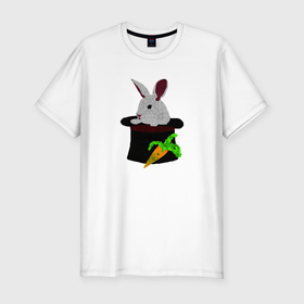 Мужская футболка хлопок Slim с принтом Кролик с морковкой в цилиндре в Новосибирске, 92% хлопок, 8% лайкра | приталенный силуэт, круглый вырез ворота, длина до линии бедра, короткий рукав | Тематика изображения на принте: 