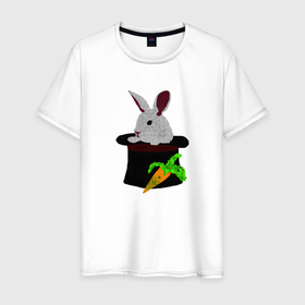 Мужская футболка хлопок с принтом Кролик с морковкой в цилиндре в Новосибирске, 100% хлопок | прямой крой, круглый вырез горловины, длина до линии бедер, слегка спущенное плечо. | Тематика изображения на принте: 