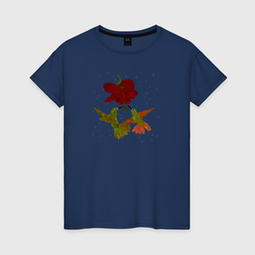 Женская футболка хлопок с принтом Два порхающих колибри у цветка , 100% хлопок | прямой крой, круглый вырез горловины, длина до линии бедер, слегка спущенное плечо | 