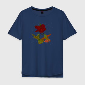 Мужская футболка хлопок Oversize с принтом Два порхающих колибри у цветка , 100% хлопок | свободный крой, круглый ворот, “спинка” длиннее передней части | 