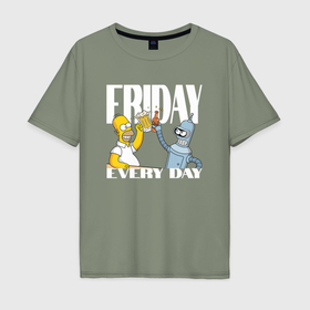 Мужская футболка хлопок Oversize с принтом Гомер Симсон и Бендер в пятницу в Кировске, 100% хлопок | свободный крой, круглый ворот, “спинка” длиннее передней части | 