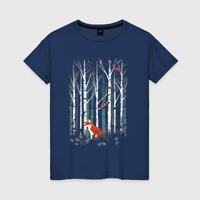 Женская футболка хлопок с принтом Рыжая лиса в березовом лесу в Тюмени, 100% хлопок | прямой крой, круглый вырез горловины, длина до линии бедер, слегка спущенное плечо | 