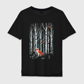 Мужская футболка хлопок Oversize с принтом Рыжая лиса в березовом лесу в Кировске, 100% хлопок | свободный крой, круглый ворот, “спинка” длиннее передней части | 