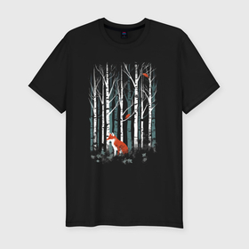 Мужская футболка хлопок Slim с принтом Рыжая лиса в березовом лесу в Кировске, 92% хлопок, 8% лайкра | приталенный силуэт, круглый вырез ворота, длина до линии бедра, короткий рукав | 
