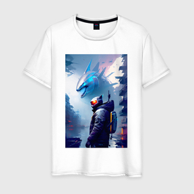 Мужская футболка хлопок с принтом Акула   киберпанк от нейросети в Екатеринбурге, 100% хлопок | прямой крой, круглый вырез горловины, длина до линии бедер, слегка спущенное плечо. | Тематика изображения на принте: 