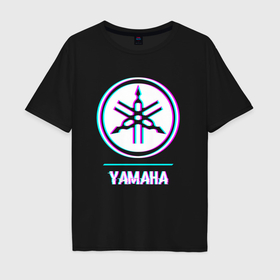 Мужская футболка хлопок Oversize с принтом Значок Yamaha в стиле glitch в Новосибирске, 100% хлопок | свободный крой, круглый ворот, “спинка” длиннее передней части | Тематика изображения на принте: 