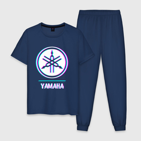 Мужская пижама хлопок с принтом Значок Yamaha в стиле glitch в Тюмени, 100% хлопок | брюки и футболка прямого кроя, без карманов, на брюках мягкая резинка на поясе и по низу штанин
 | 