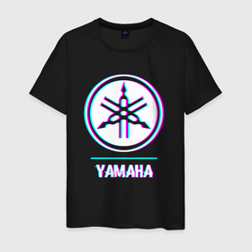 Мужская футболка хлопок с принтом Значок Yamaha в стиле glitch , 100% хлопок | прямой крой, круглый вырез горловины, длина до линии бедер, слегка спущенное плечо. | 