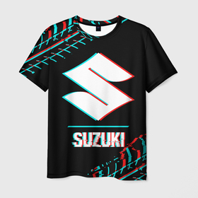 Мужская футболка 3D с принтом Значок Suzuki в стиле glitch на темном фоне в Тюмени, 100% полиэфир | прямой крой, круглый вырез горловины, длина до линии бедер | 