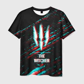 Мужская футболка 3D с принтом The Witcher в стиле glitch и баги графики на темном фоне в Петрозаводске, 100% полиэфир | прямой крой, круглый вырез горловины, длина до линии бедер | 