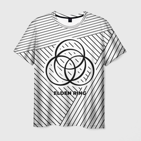 Мужская футболка 3D с принтом Символ Elden Ring на светлом фоне с полосами в Екатеринбурге, 100% полиэфир | прямой крой, круглый вырез горловины, длина до линии бедер | 