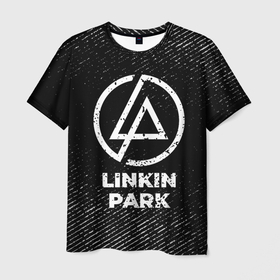 Мужская футболка 3D с принтом Linkin Park с потертостями на темном фоне в городе Новоалтайск, 100% полиэфир | прямой крой, круглый вырез горловины, длина до линии бедер | 
