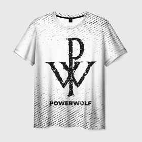Мужская футболка 3D с принтом Powerwolf с потертостями на светлом фоне в Кировске, 100% полиэфир | прямой крой, круглый вырез горловины, длина до линии бедер | 