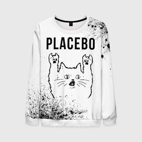 Мужской свитшот 3D с принтом Placebo рок кот на светлом фоне в Екатеринбурге, 100% полиэстер с мягким внутренним слоем | круглый вырез горловины, мягкая резинка на манжетах и поясе, свободная посадка по фигуре | 