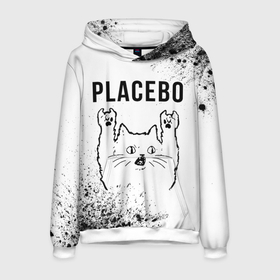 Мужская толстовка 3D с принтом Placebo рок кот на светлом фоне в Екатеринбурге, 100% полиэстер | двухслойный капюшон со шнурком для регулировки, мягкие манжеты на рукавах и по низу толстовки, спереди карман-кенгуру с мягким внутренним слоем. | 