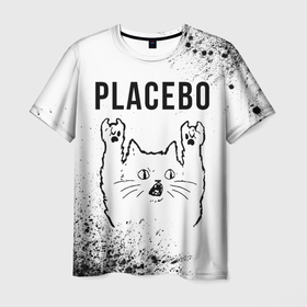 Мужская футболка 3D с принтом Placebo рок кот на светлом фоне в Екатеринбурге, 100% полиэфир | прямой крой, круглый вырез горловины, длина до линии бедер | 