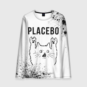 Мужской лонгслив 3D с принтом Placebo рок кот на светлом фоне в Екатеринбурге, 100% полиэстер | длинные рукава, круглый вырез горловины, полуприлегающий силуэт | 
