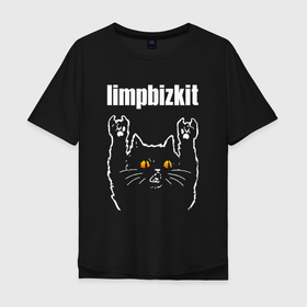 Мужская футболка хлопок Oversize с принтом Limp Bizkit rock cat в Кировске, 100% хлопок | свободный крой, круглый ворот, “спинка” длиннее передней части | Тематика изображения на принте: 