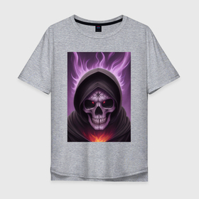 Мужская футболка хлопок Oversize с принтом Фиолетовый череп с пламенем в Курске, 100% хлопок | свободный крой, круглый ворот, “спинка” длиннее передней части | Тематика изображения на принте: 