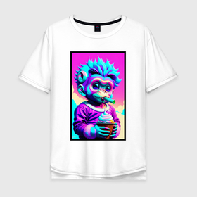 Мужская футболка хлопок Oversize с принтом Маленькая обезьянка ест мороженное в стиле Dreamwave , 100% хлопок | свободный крой, круглый ворот, “спинка” длиннее передней части | 