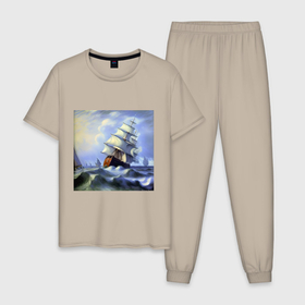 Мужская пижама хлопок с принтом Корабль плывет по бушующему морю в Петрозаводске, 100% хлопок | брюки и футболка прямого кроя, без карманов, на брюках мягкая резинка на поясе и по низу штанин
 | 