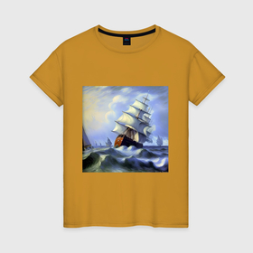 Женская футболка хлопок с принтом Корабль плывет по бушующему морю в Петрозаводске, 100% хлопок | прямой крой, круглый вырез горловины, длина до линии бедер, слегка спущенное плечо | 