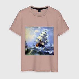 Мужская футболка хлопок с принтом Корабль плывет по бушующему морю в Курске, 100% хлопок | прямой крой, круглый вырез горловины, длина до линии бедер, слегка спущенное плечо. | 