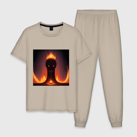 Мужская пижама хлопок с принтом Тотем в форме черепа в огне в Новосибирске, 100% хлопок | брюки и футболка прямого кроя, без карманов, на брюках мягкая резинка на поясе и по низу штанин
 | Тематика изображения на принте: 
